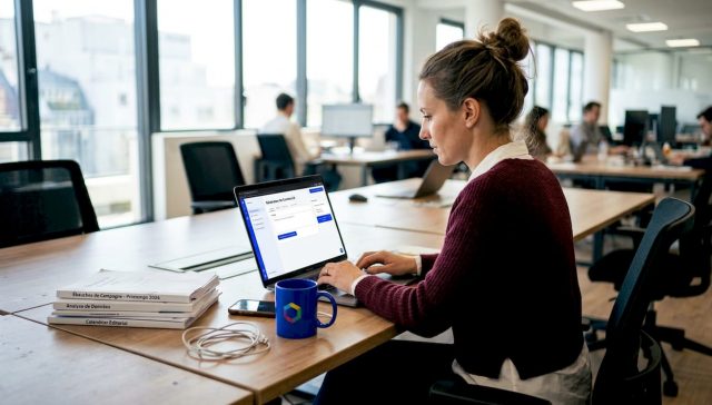 Un responsable marketing exploite un outil d’intelligence artificielle à son bureau dans un espace de travail ouvert.