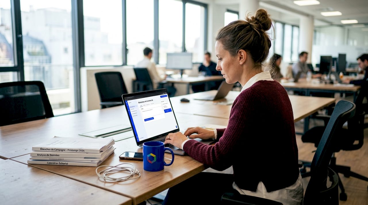 Un responsable marketing exploite un outil d’intelligence artificielle à son bureau dans un espace de travail ouvert.