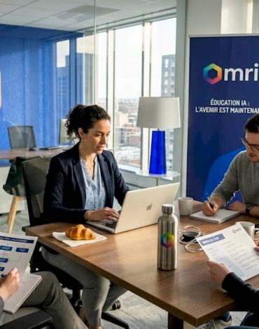 Une équipe travaille main dans la main sur un projet d’intelligence artificielle autour d’une table de réunion.