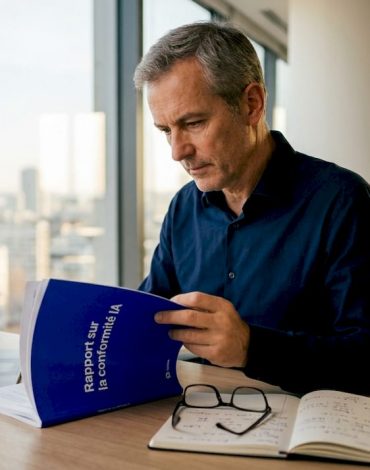 Le dirigeant examine attentivement le dossier sur l’intelligence artificielle responsable.