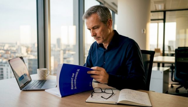 Le dirigeant examine attentivement le dossier sur l’intelligence artificielle responsable.