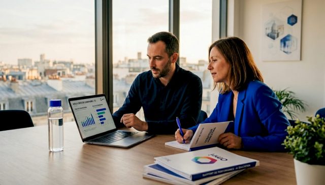 Des collaborateurs échangent autour des nouvelles stratégies marketing basées sur l’intelligence artificielle.