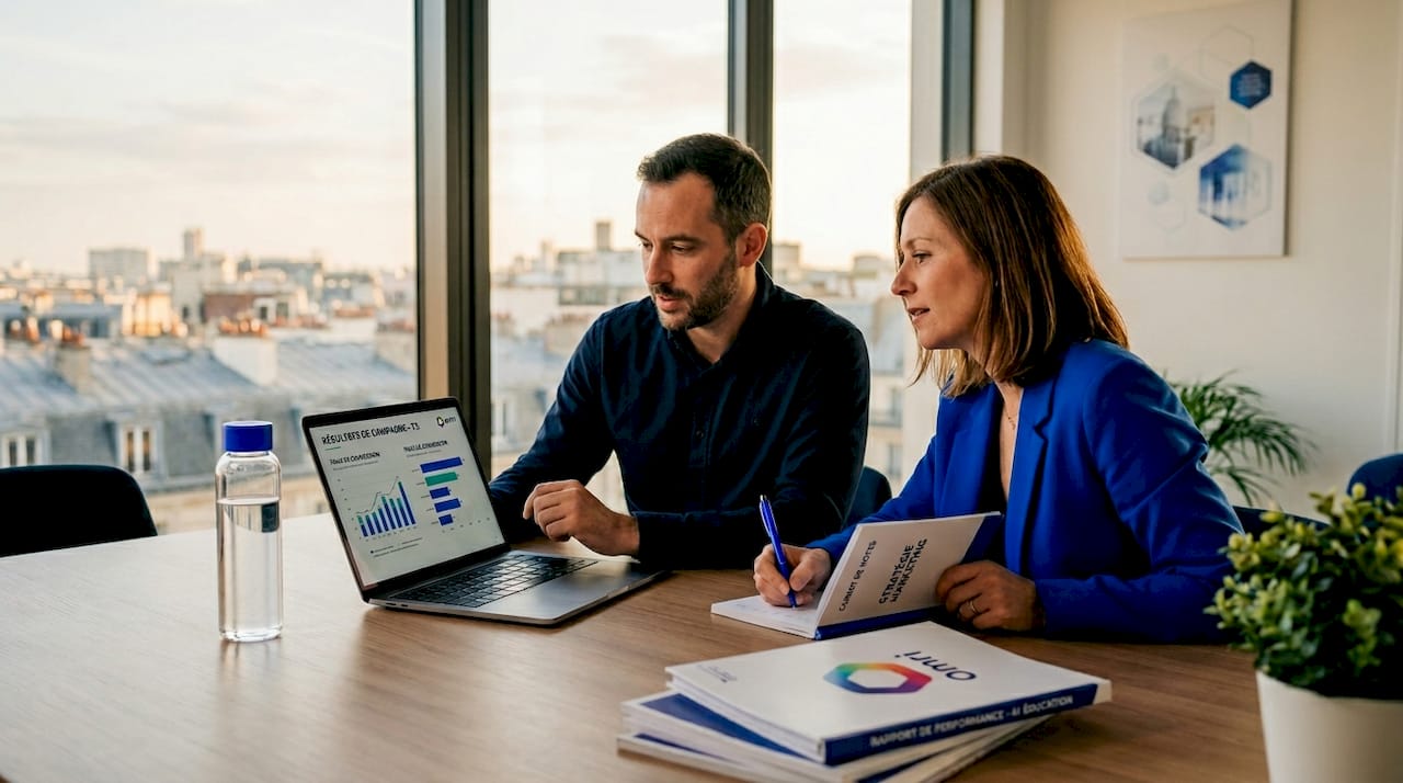 Des collaborateurs échangent autour des nouvelles stratégies marketing basées sur l’intelligence artificielle.