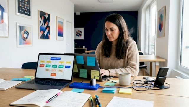 Un professionnel du marketing analyse des schémas de processus sur son ordinateur portable.