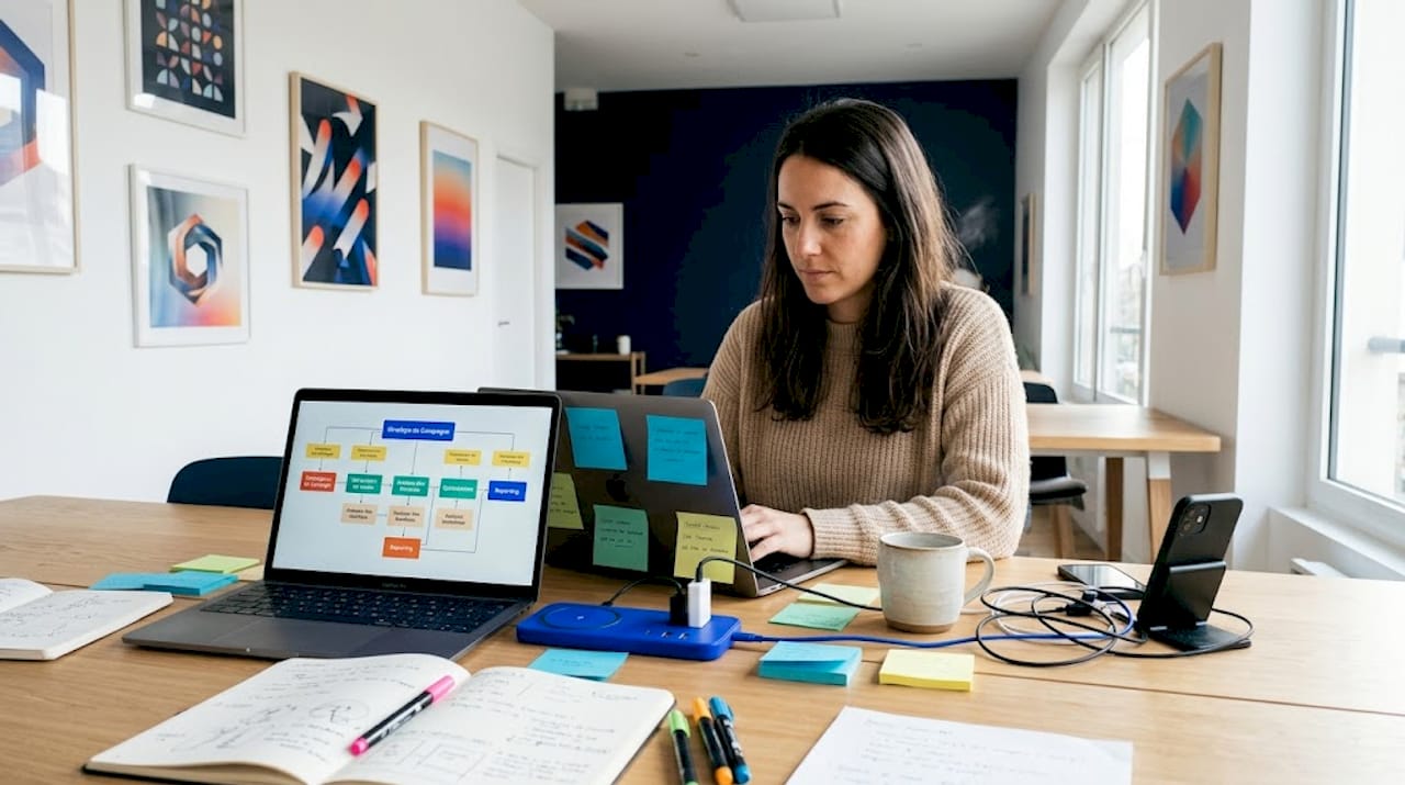 Un professionnel du marketing analyse des schémas de processus sur son ordinateur portable.