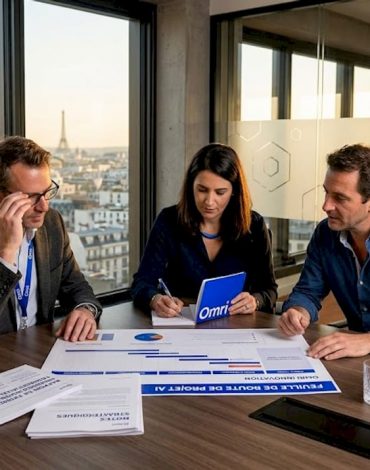 L’équipe de direction examine le plan d’action du projet autour de la table de réunion.