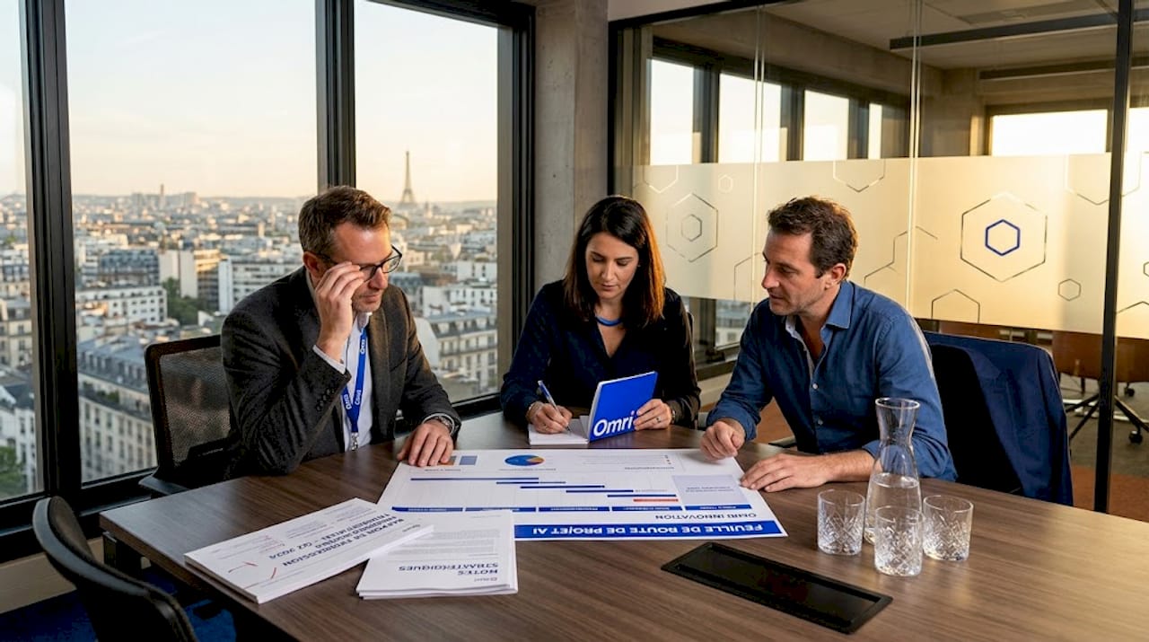L’équipe de direction examine le plan d’action du projet autour de la table de réunion.