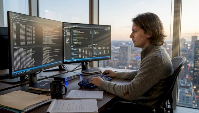 Un expert en informatique veille à la sécurité numérique et surveille les risques de cyberattaque au sein de l'entreprise.