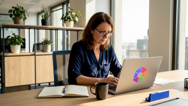 Un responsable utilise des outils d’intelligence artificielle sur son ordinateur portable pour optimiser son travail.