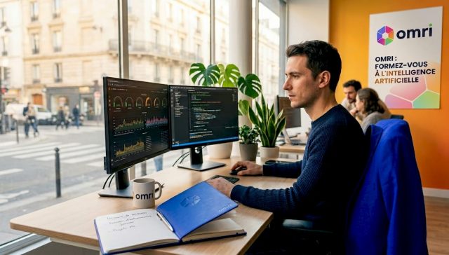 Spécialiste en intelligence artificielle évoluant dans un environnement de travail moderne
