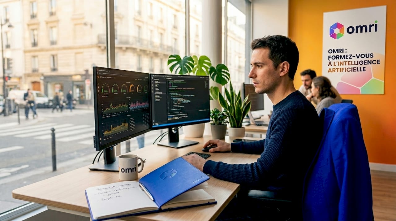 Spécialiste en intelligence artificielle évoluant dans un environnement de travail moderne