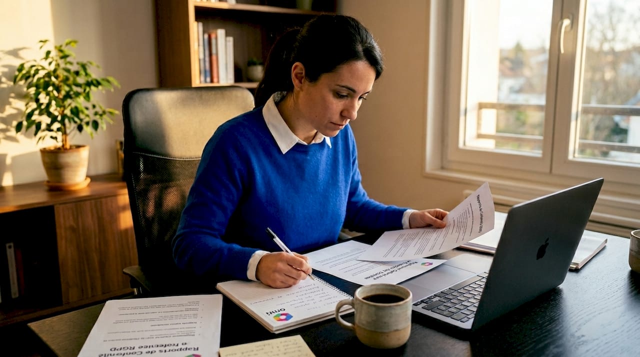 Un analyste examine des documents relatifs à la protection des données depuis son bureau à domicile.