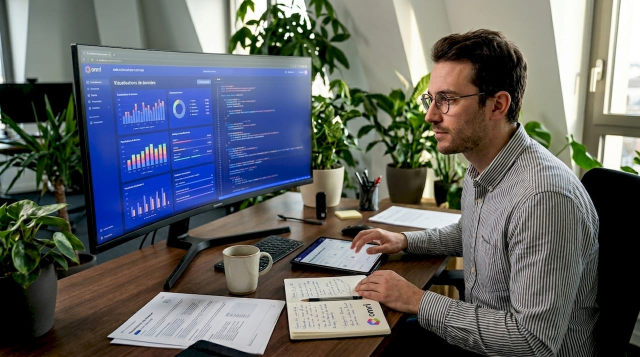 Un professionnel examine les résultats de performance de l’intelligence artificielle depuis son bureau, concentré sur l’analyse des données pour optimiser les algorithmes.