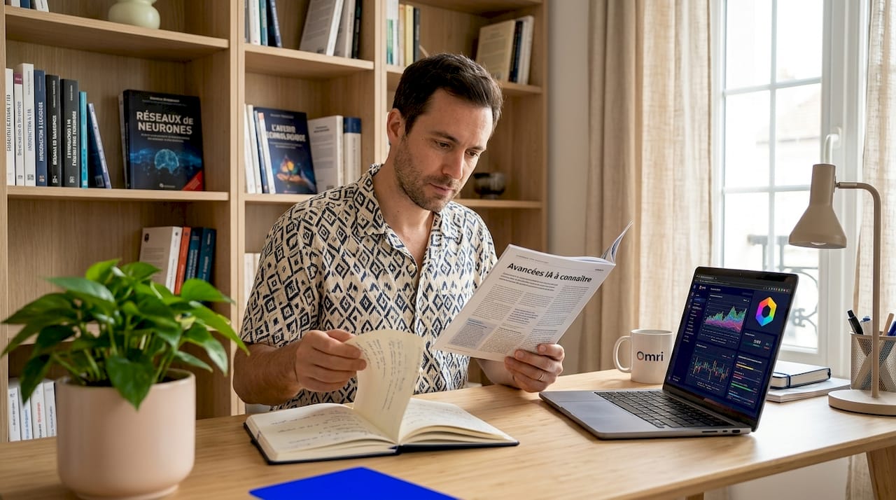 Un homme consulte un article sur l’intelligence artificielle dans son bureau à domicile.