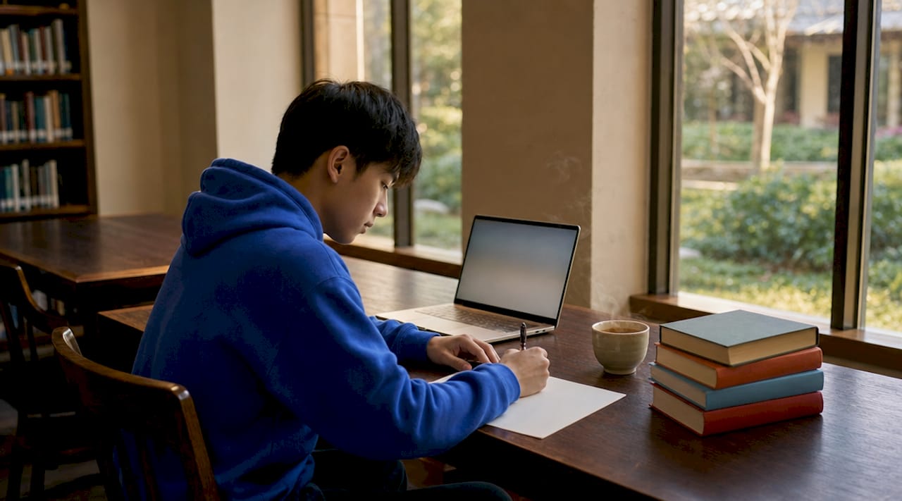 Un étudiant appliqué en pleine utilisation d’un outil d’IA pour ses études