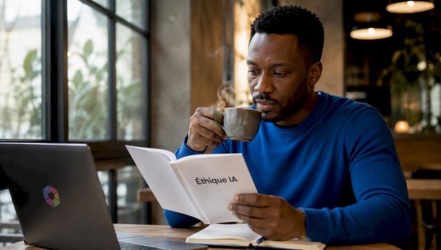 Un homme examine un rapport sur l’éthique de l’intelligence artificielle dans son bureau.
