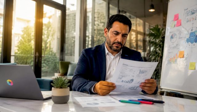 Un manager examine attentivement un rapport sur l’intégration de l’intelligence artificielle dans l’entreprise.