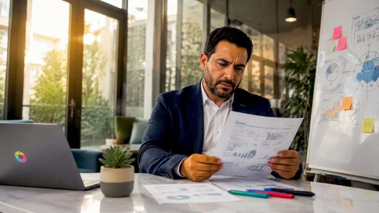Un manager examine attentivement un rapport sur l’intégration de l’intelligence artificielle dans l’entreprise.