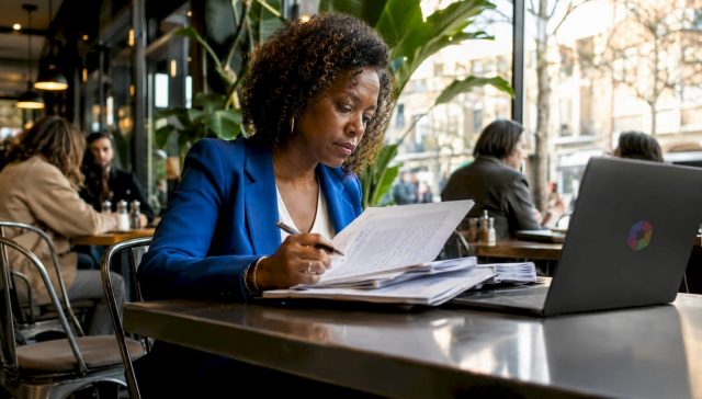 Une femme professionnelle analyse attentivement des rapports sur l’intelligence artificielle installée à son bureau.