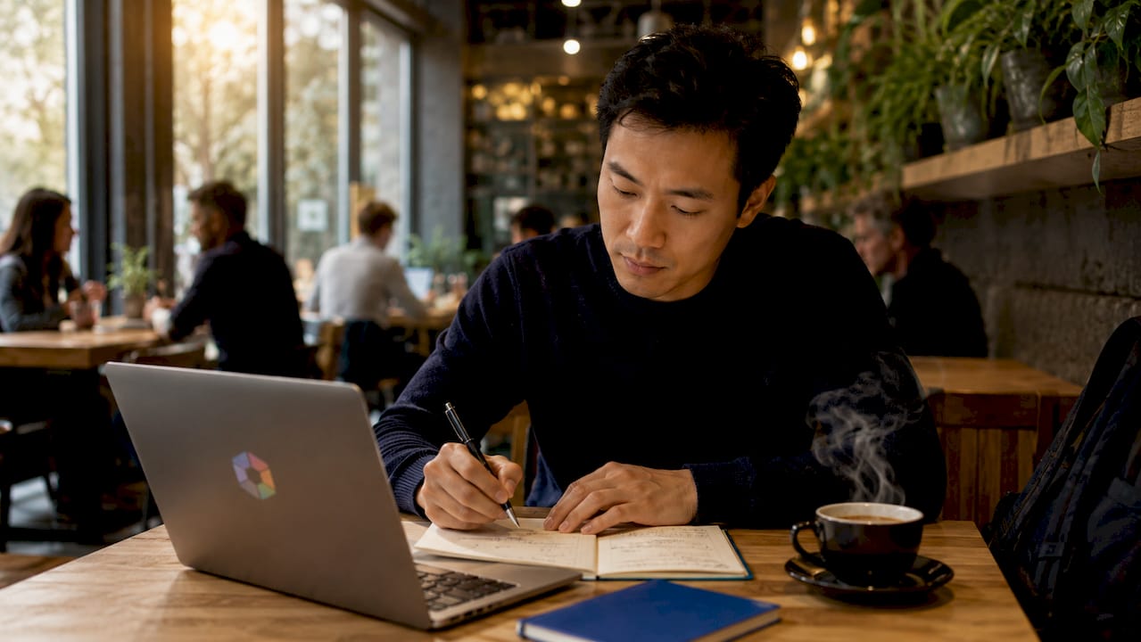 Dans son bureau, un ingénieur spécialisé en intelligence artificielle prend des notes techniques, concentré sur ses projets innovants.