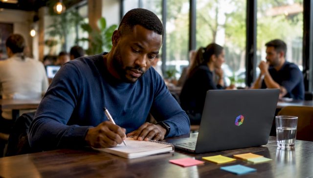 Un homme concentré sur des notes liées à l’apprentissage automatique.