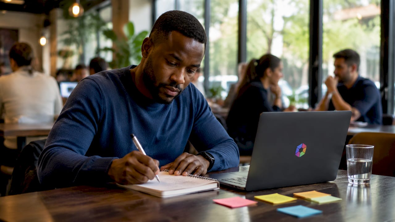 Un homme concentré sur des notes liées à l’apprentissage automatique.
