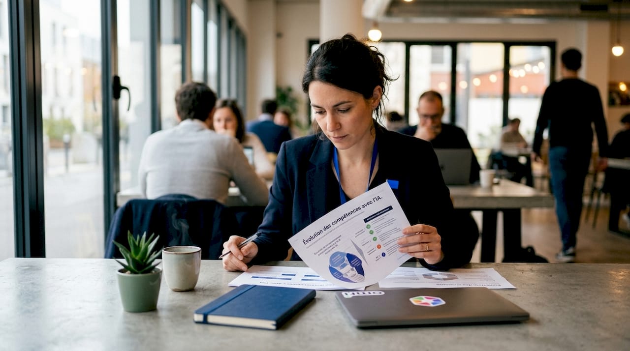 Une experte analyse des documents liés à l’intelligence artificielle.