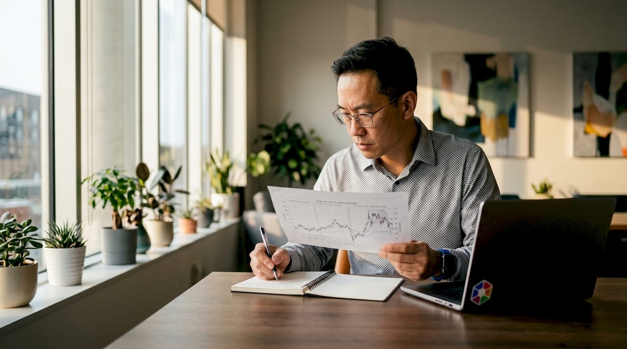 Un homme d'affaires examine attentivement des dossiers liés aux algorithmes.